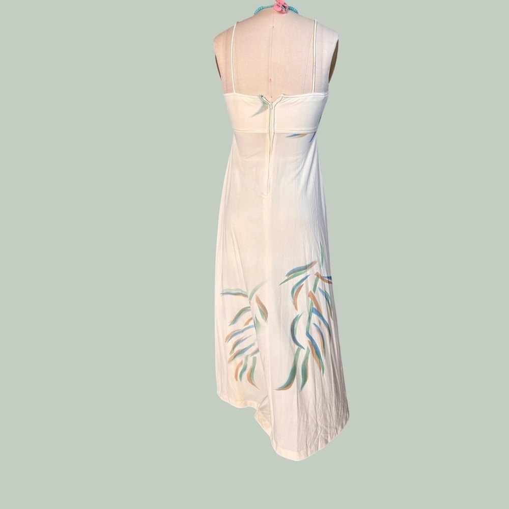 Boho Empire Waist Rare Maxi Dress Abstract Leaf Print S Cream Vintage - Picture 4 of 10